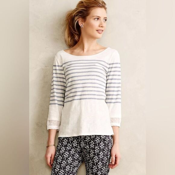 LITTLE YELLOW BUTTON by ANTHROPOLOGIE NWOT Ellene Chiffon Trimmed‎ Tee - Picture 1 of 10